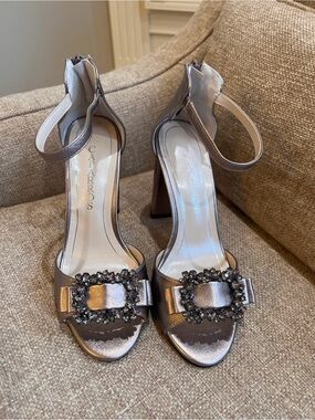 Caparros Metallic Ankle-Strap Heels in Pewter